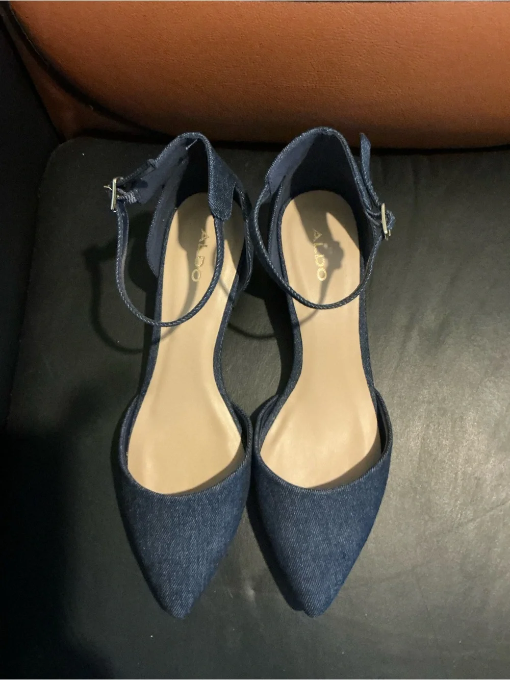 ALDO Navy Denim Pointed-Toe Ankle-Strap Heels